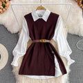 Spring lantern sleeve white shirt women's age-reducing sweet loose covering slit vest sweater layering two-piece set