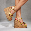 New arrival cross-border fashion roman style casual wedge heel wood pattern thick sole sandals petites heightening elegant sandals