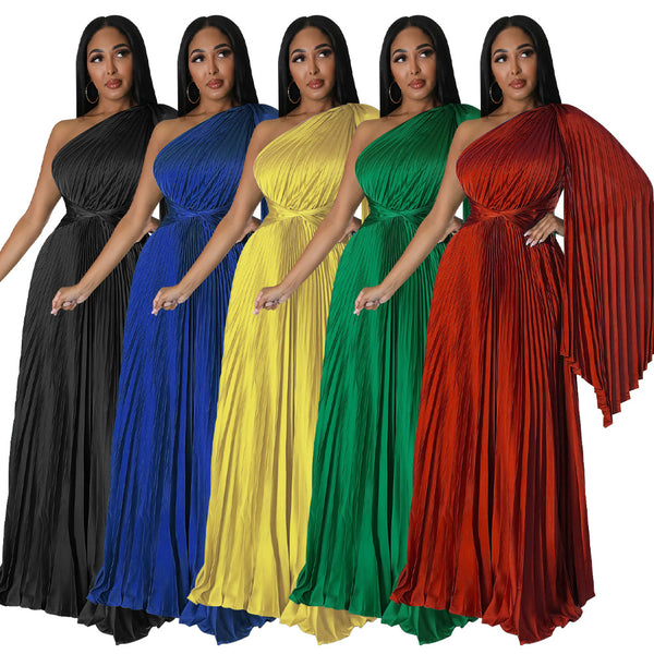 K10388 European and American  fashion women's clothing 2022 new one-shoulder pleated skirt diagonal collar waist simulation silk dress