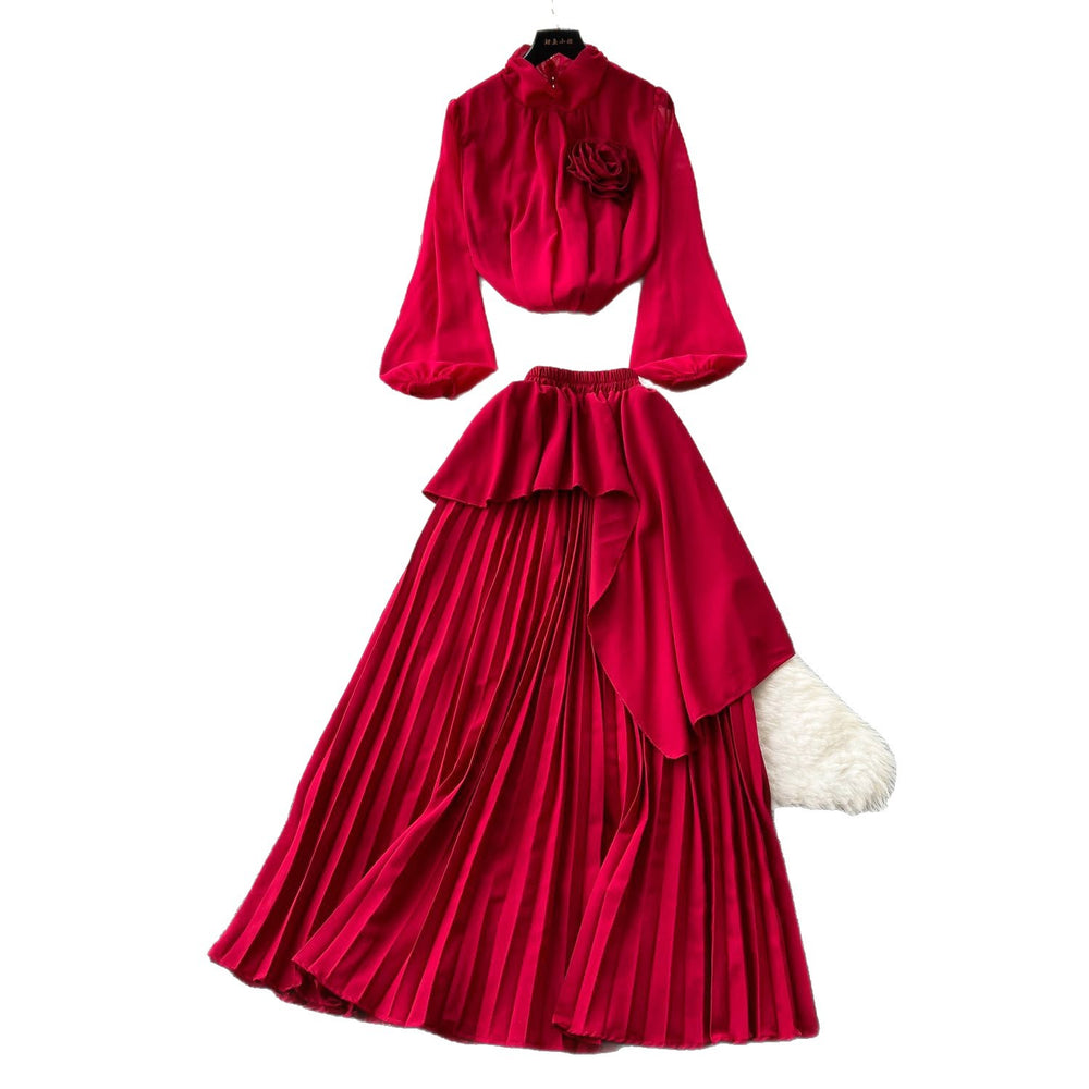 Classy suit women's light mature style elegantstereo flower lantern sleeve chiffon shirt asymmetrical pleated skirt