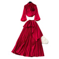 Classy suit women's light mature style elegantstereo flower lantern sleeve chiffon shirt asymmetrical pleated skirt