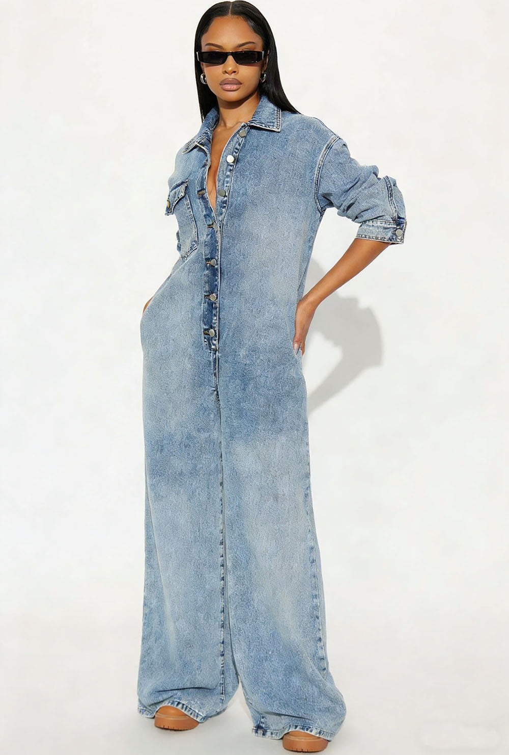 European and american cross-border women's fashion:  women's denim jumpsuit,  new arrival, button-front long sleeve romper