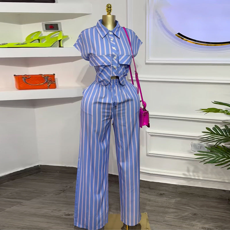 European and american cross-border women's fashion:  autumn new collection - stylish turn-down collar striped short-sleeve shirt and wide-leg pants casual set