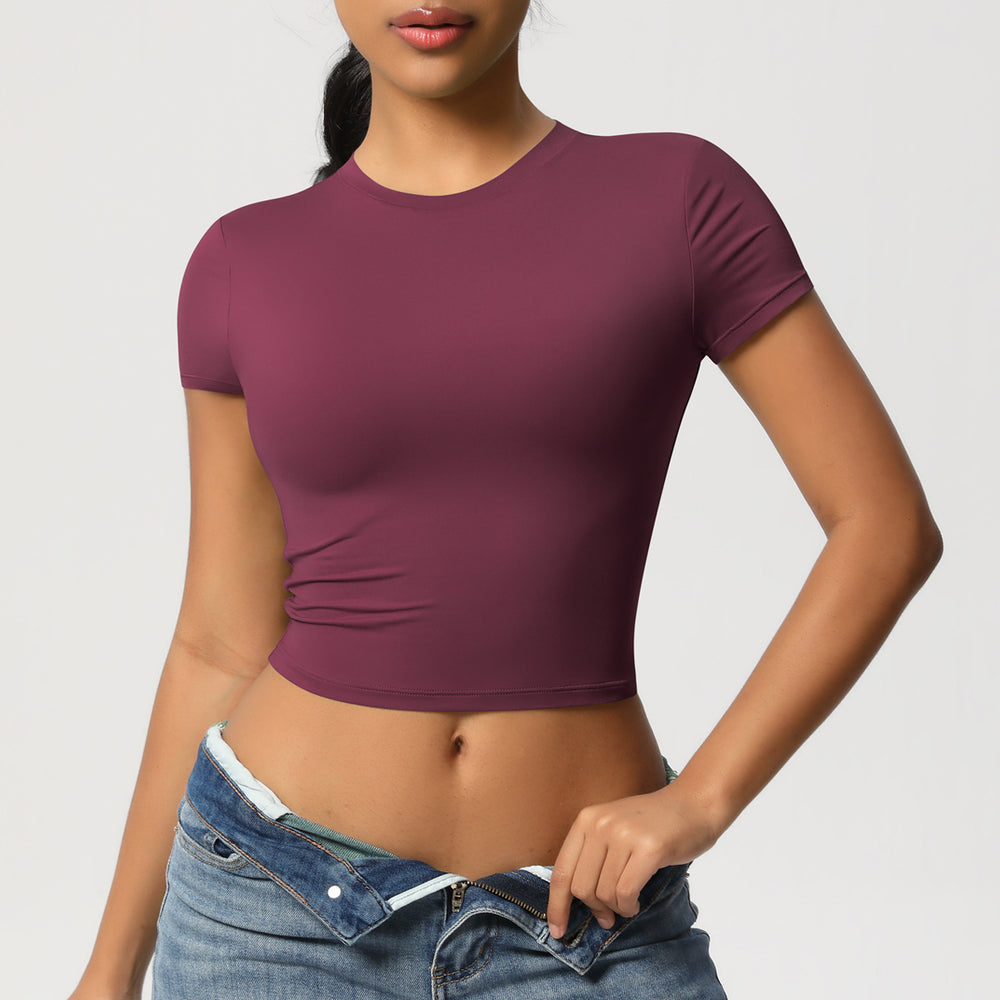 Patchworkcasualeasiest for match tight short-sleeved yoga clothes for women running fitness pilates sports quick-drying t-shirt tops