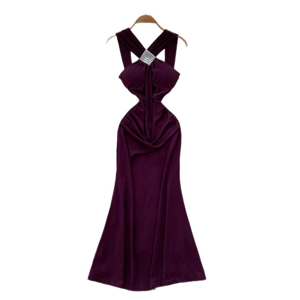 Accessible luxury celebrity heavy industry diamond cross halter suspender dress female sexy hot girl waist bag hip backless dress