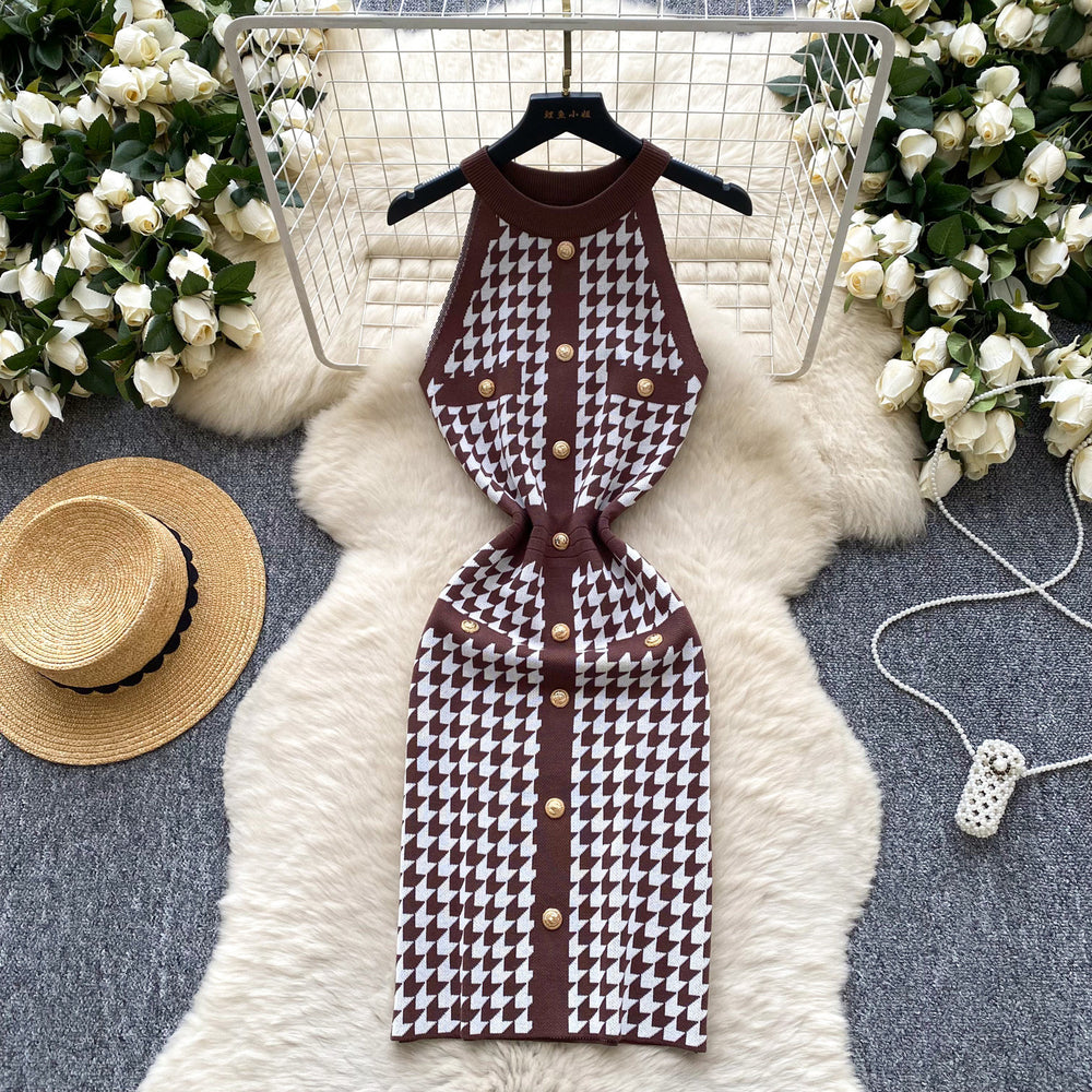 Sexy socialite accessible luxuryhalter sleeveless metal buckle silmknittingdress female french waist chidori grids skirt