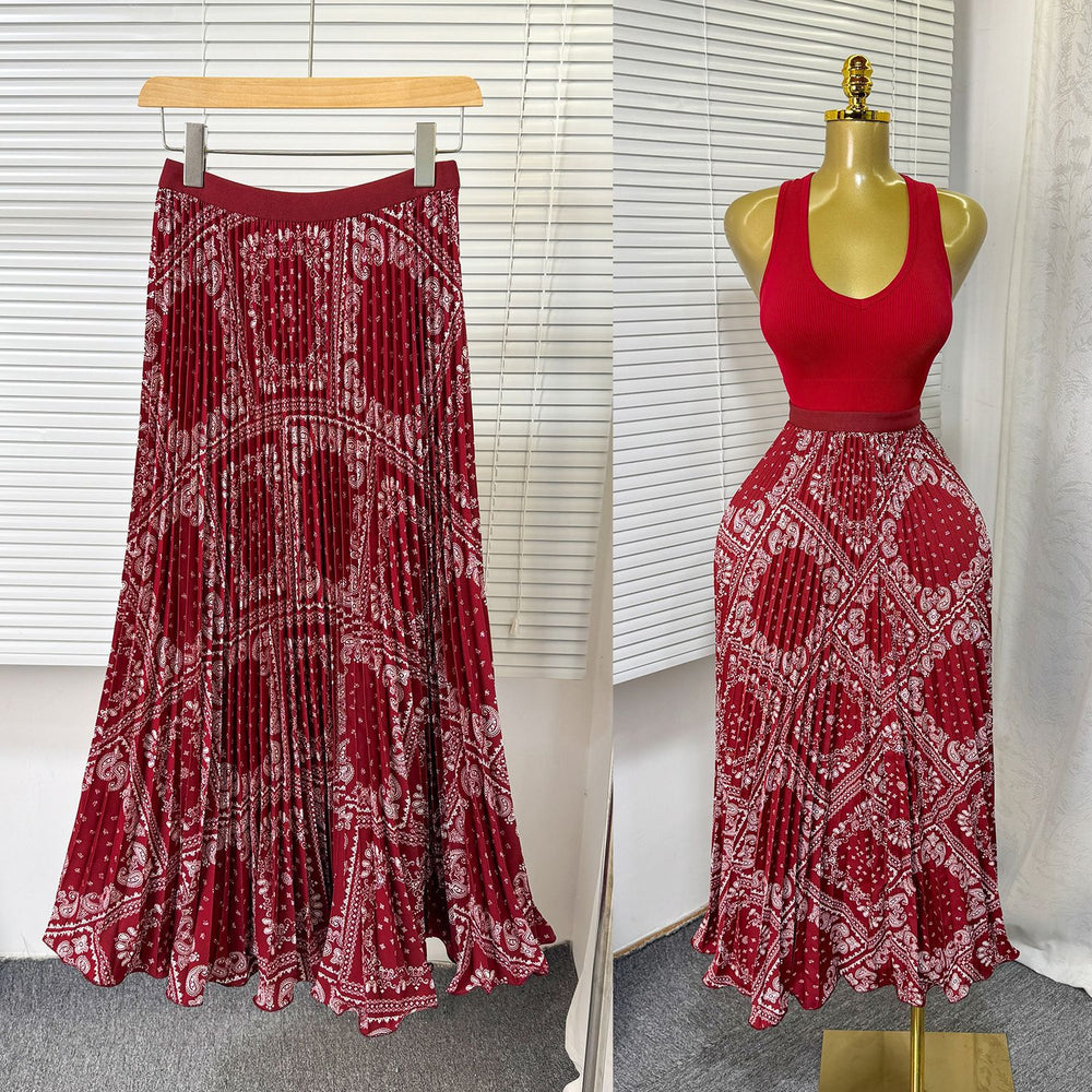 Exportsweeteasiest for matchpleated skirt large swing printing skirt women's frenchhigh waista-line medium long pleated skirt