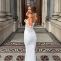 Amazon cross-border women's elegant solid color bandeau cami backless cinched waist ruched mesh mermaid dress