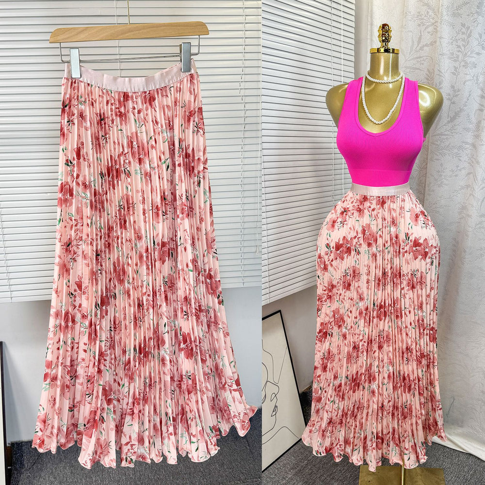 New arrival elastic waist high waist floral sweeteasiest for match a-line skirt women's medium longprintingpleated skirt