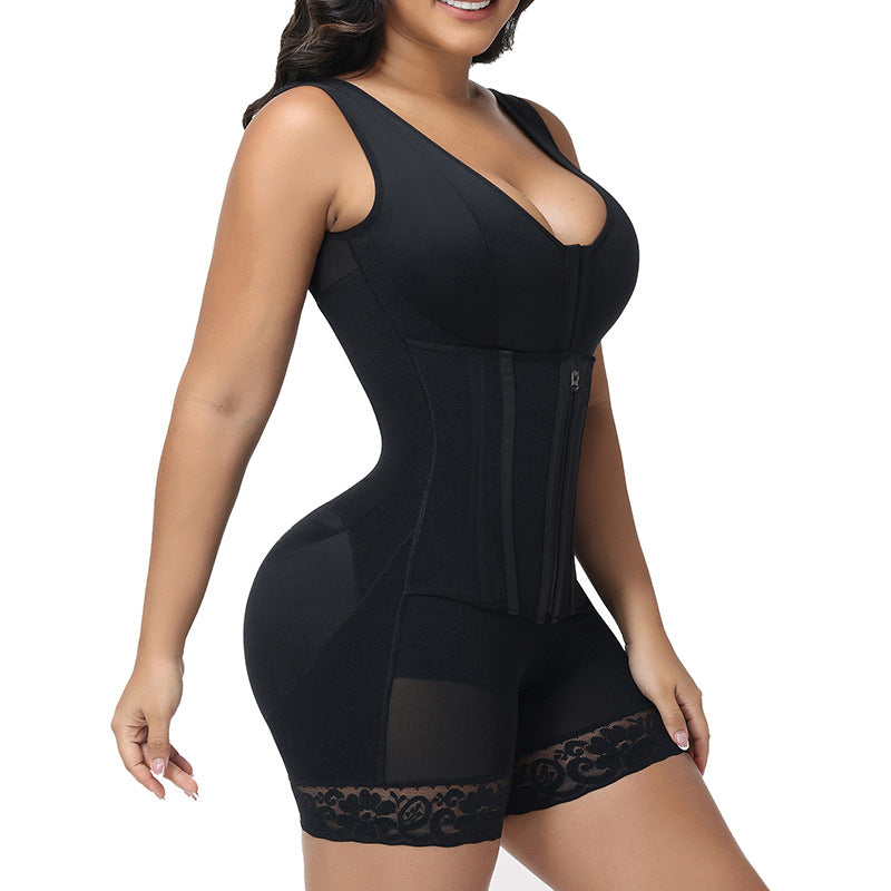 new european and american mesh 9-bone strong pressure button crotch zipper tummy control tight shapewear one-piece enhanced version