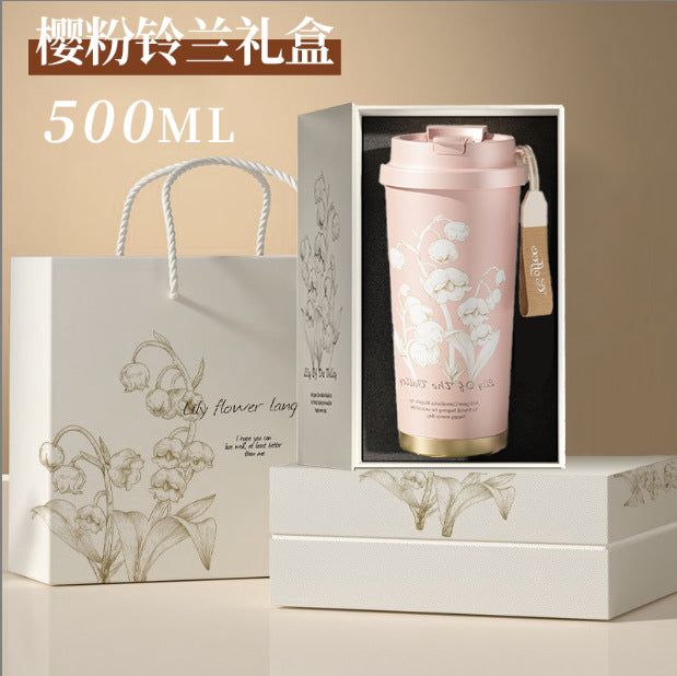 316 coffee tumbler lily of the valley thermal and cold cup for girls, good-looking straw, car double drinking cup, gift cup