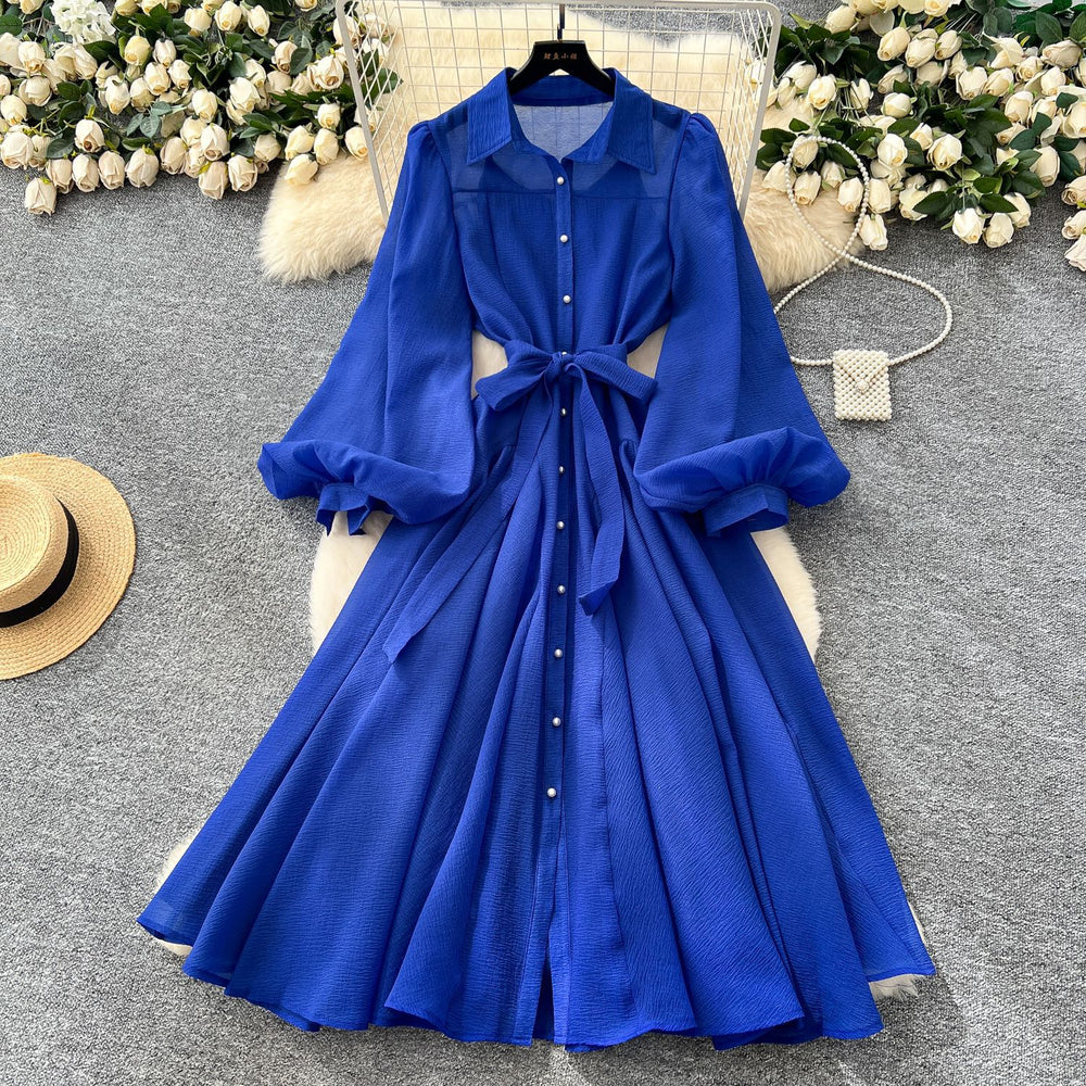 French dress women's autum palace style niche lapel single breasted strap waist lantern sleeve long skirt