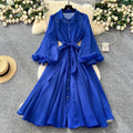 French dress women's autum palace style niche lapel single breasted strap waist lantern sleeve long skirt