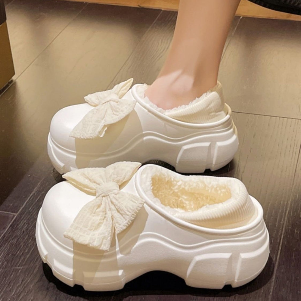 Women's winter cotton slippers - 2025 new indoor home cute warm fuzzy bowknot fleece-lined cotton shoes