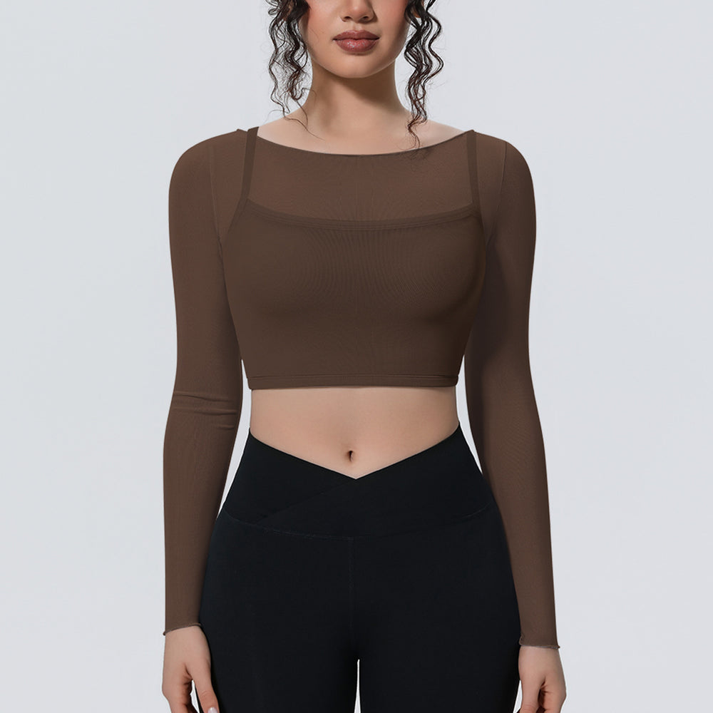 Fake two-piece mesh sports long sleeves t-shirt for women with chest pad, yoga wear tops, quick-drying slimming look outwear fitness wear