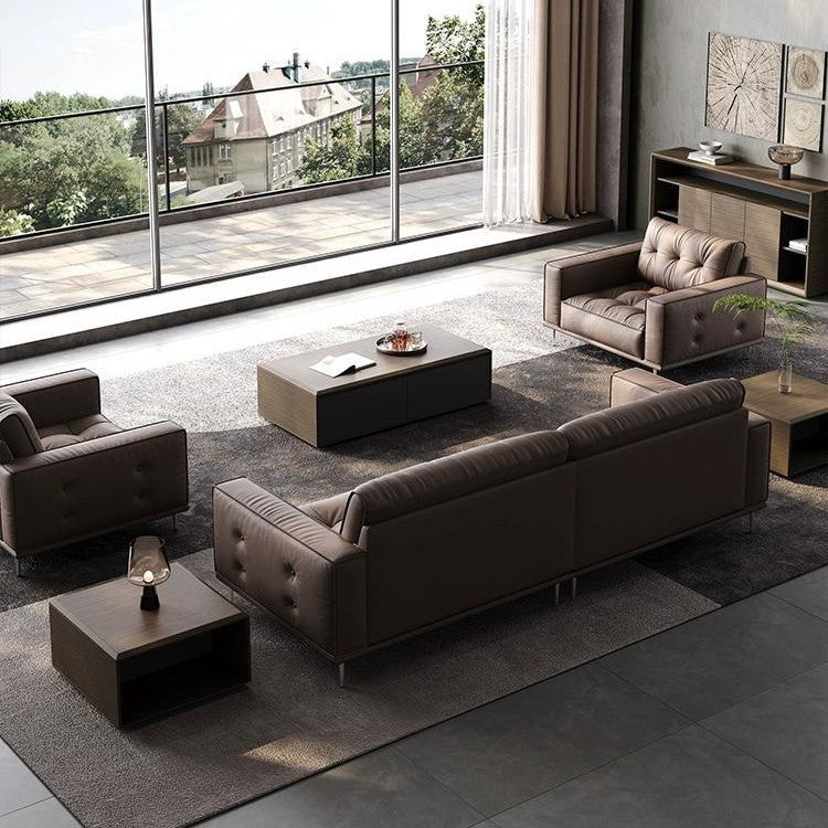 Genuine leather office sofa set - italian minimalist retro style - pull-button straight row three-seater negotiation and reception sofa