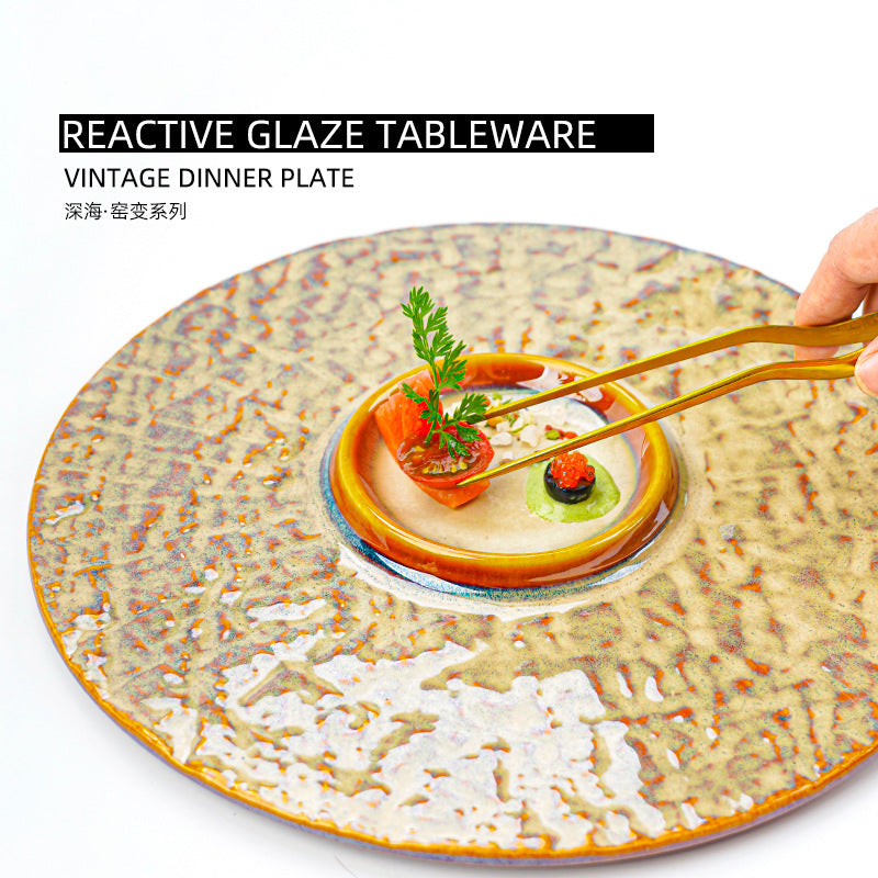 Kiln-turned-stylish high-looking crater relief decoration dessert plate creative desktop pastry western food plate dessert plate
