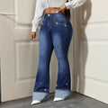 Fashionjeans women's high waist hot diamond slightly flared dark blue washed slimming look silk flanged flared pants