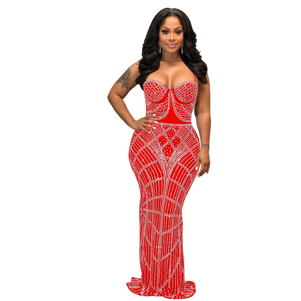 C6201   fashion women's solid color rhinestone mesh sleeveless spaghetti strap maxi dress