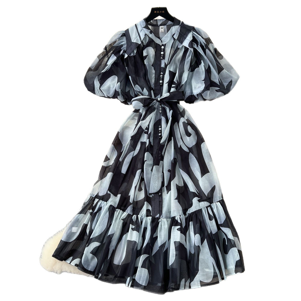 Accessible luxuryfashion styleclassy senseprinting puff sleevedressfemale summer strap waist royal sisterelegant large swing skirt