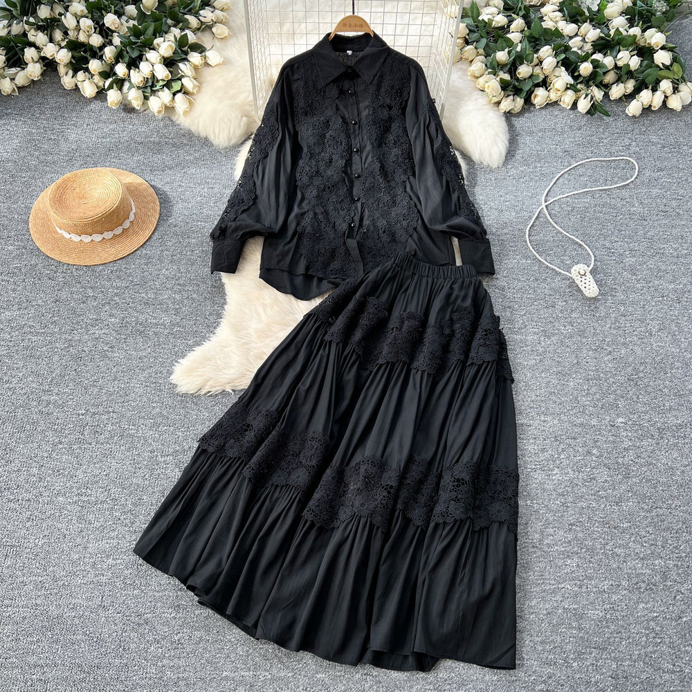 spring palace style two-piece set: women's french hollow-out lace embroidered long-sleeve blouse and high-waisted flared midi skirt