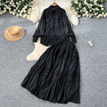 spring palace style two-piece set: women's french hollow-out lace embroidered long-sleeve blouse and high-waisted flared midi skirt
