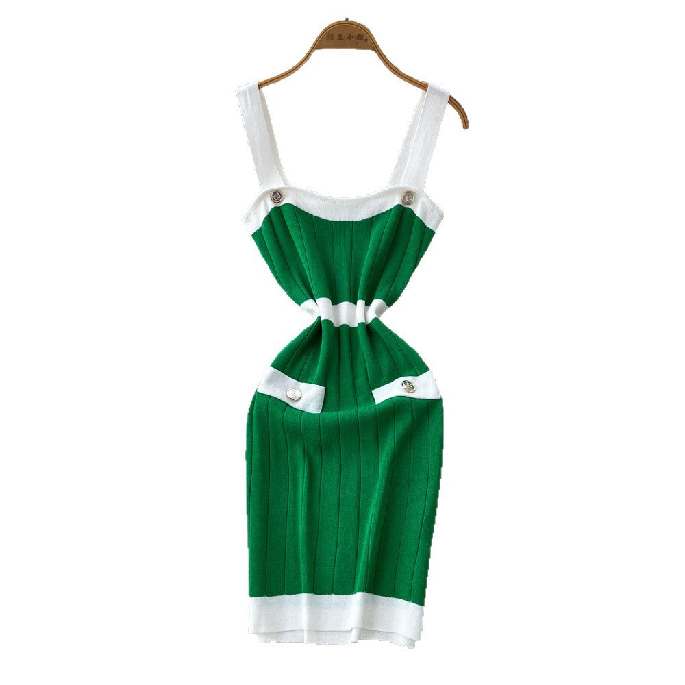 Xiaoxiangfengcontrast color suspender casual sleeveless dress women's summer waist slimming knitting skirt work clothingclassy