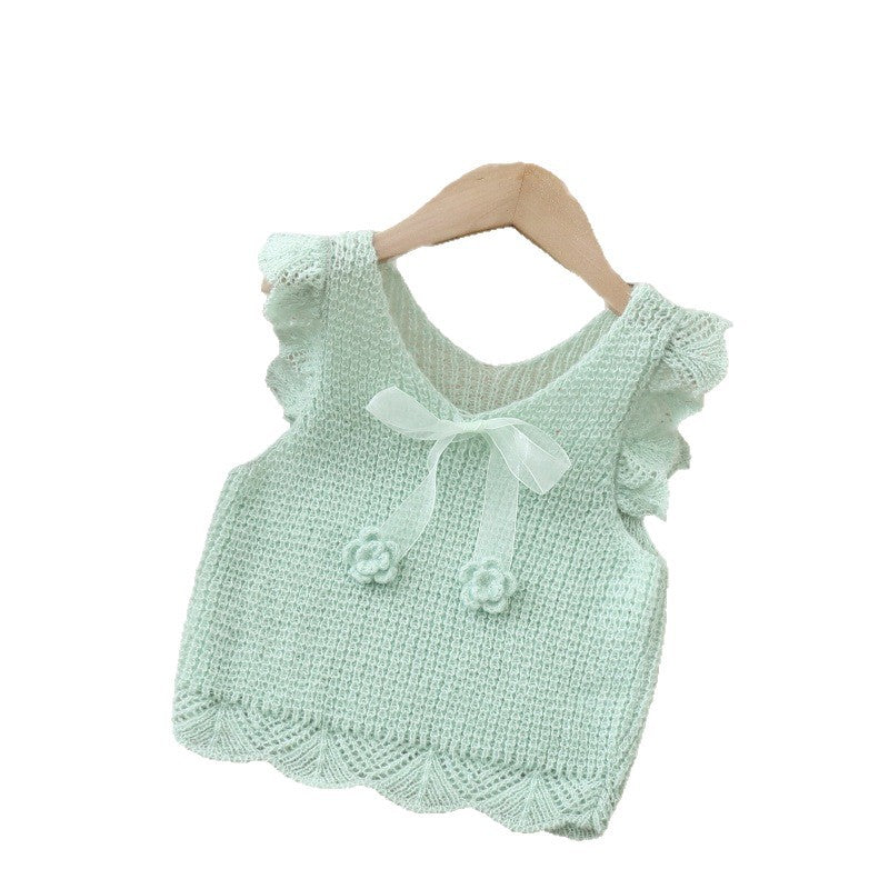 Spring/summer new girls' tank top with handmade floral bow, sweet knitted vest, girls' spring/summer outfit set