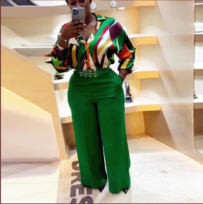 sourcing: african casual fashion two-piece set - printed long-sleeve shirt and pants outfit with belt