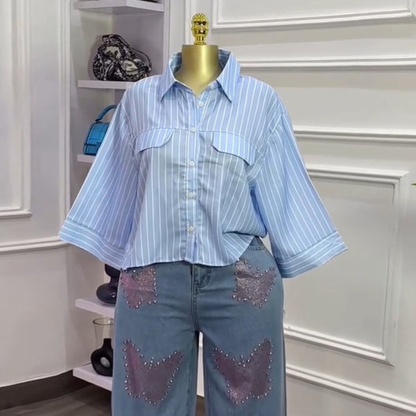 European and American  women's clothing 2025 autumn new fashion lapel striped versatile loose short casual shirt top