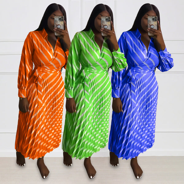 10271 Cross-border European and American  striped polo shirt casual summer women's clothing pleated waist long dress