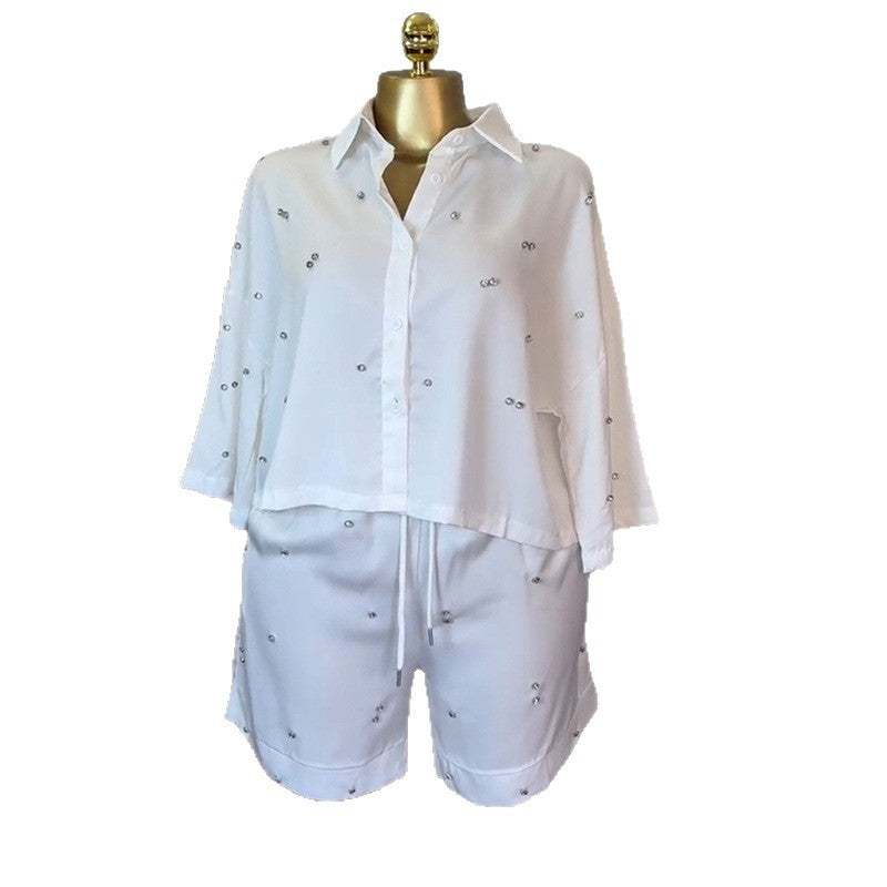 European and american cross-border women's fashion:  summer new arrival - stylish turn-down collar, loose fit, rhinestone-embellished shirt and wide-leg shorts casual set