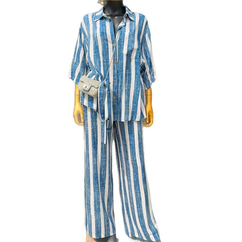 European and american cross-border women's fashion:  spring new collection - stylish blue tie-waist striped shirt and wide-leg pants set