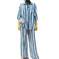 European and american cross-border women's fashion:  spring new collection - stylish blue tie-waist striped shirt and wide-leg pants set