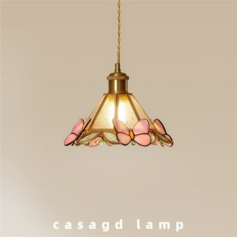 Vintage brass hand-soldered lamp, american style bedside aisle restaurant cafe stained glass pendant light