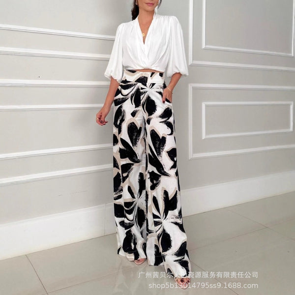 ODS5653 Women's White Short Wrap Shirt + Black and White Abstract Floral Pattern Wide Leg Pants Set