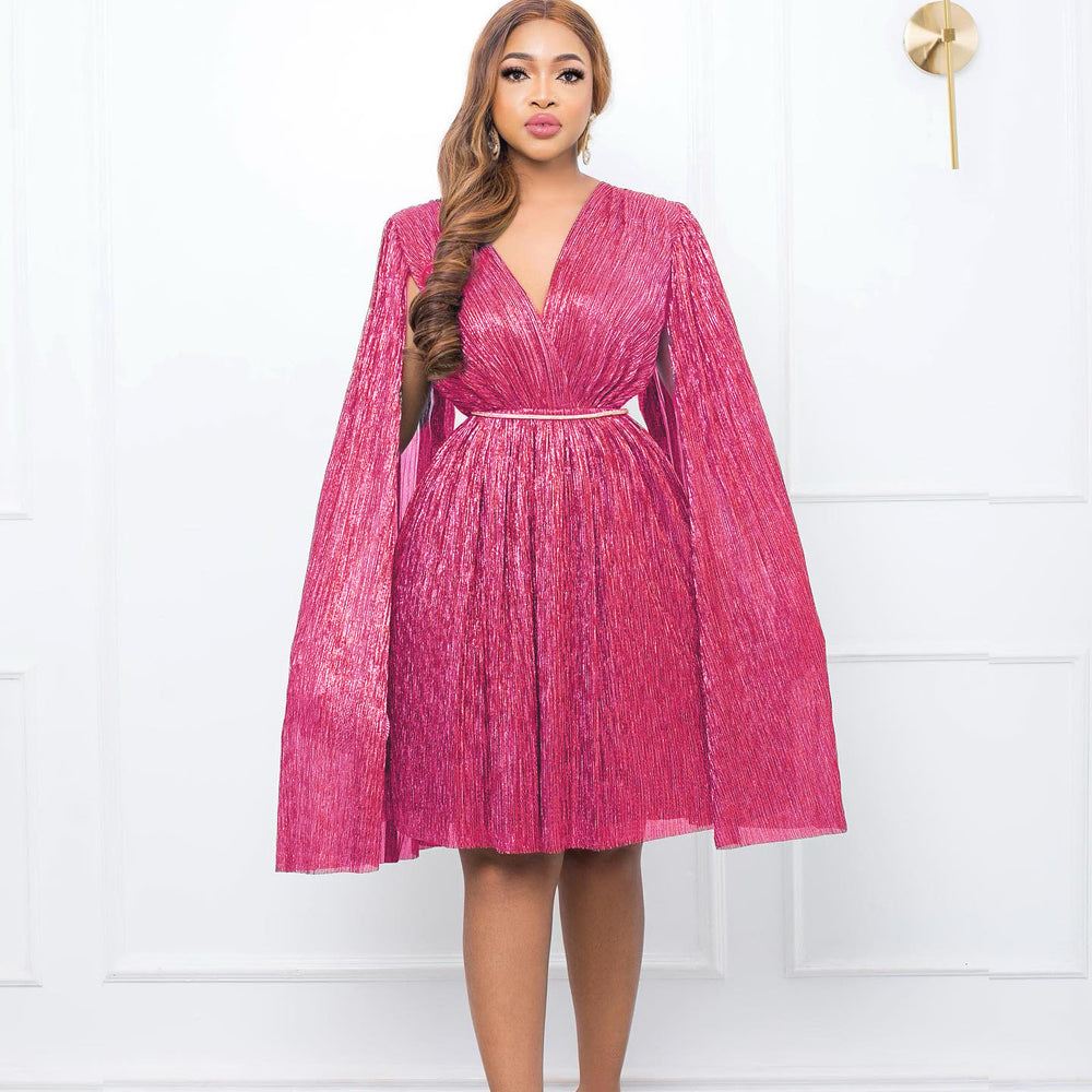 C8543 with belt   new v neck elegant long sleeves cloak waist dress foreign trade dress