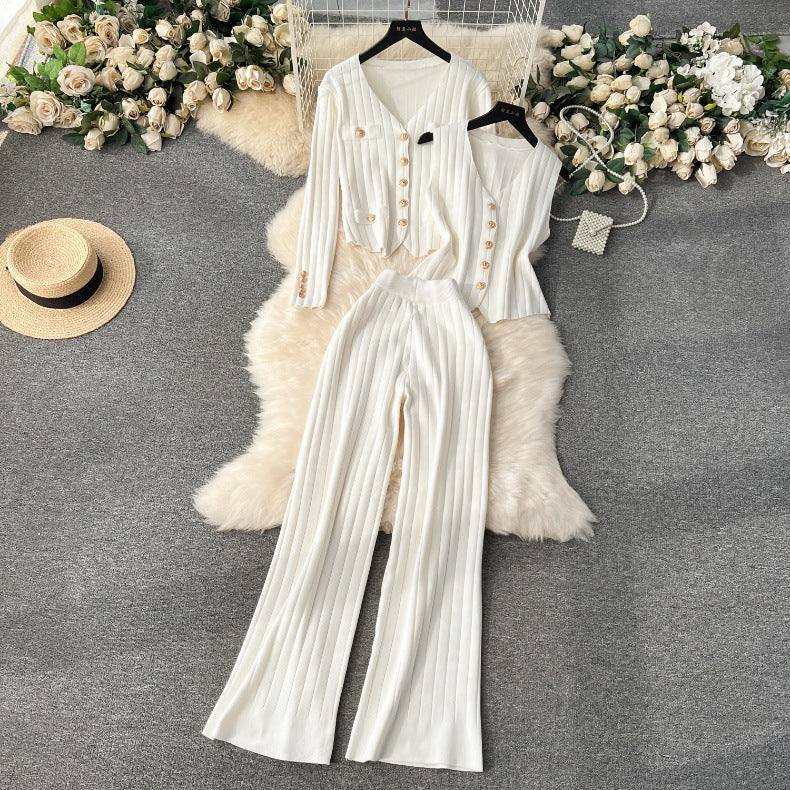 Premium women's spring  outfit set: metallic buckle vest, versatile knit cardigan, and wide-leg pants - a stylish three-piece ensemble