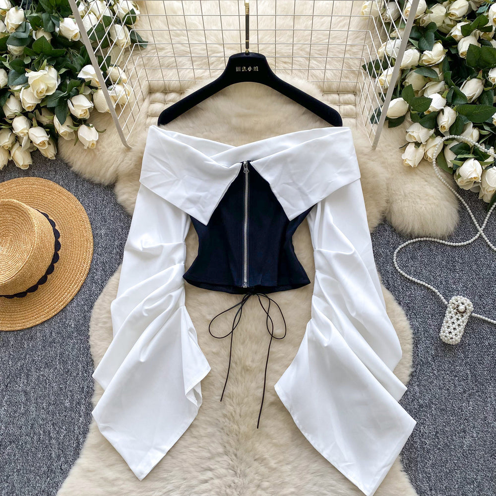 European and american women's clothing 2025 autumn new design: tie-waist, off-the-shoulder, ruched, long-sleeve, slim-fit top