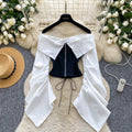 European and american women's clothing 2025 autumn new design: tie-waist, off-the-shoulder, ruched, long-sleeve, slim-fit top