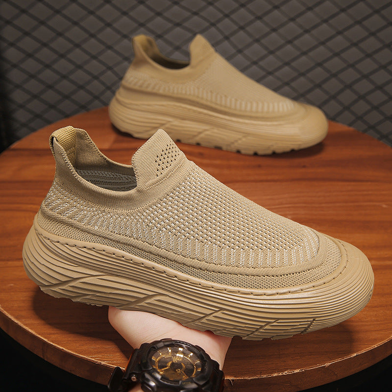 European 2026 new spring casual sneakers men's slip-on chunky platform flyknit breathable lightweight niche sneakers