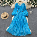 French chic lantern sleeve v-neck dress - women's summer korean style tie-waist slimming a-line maxi dress - elegant