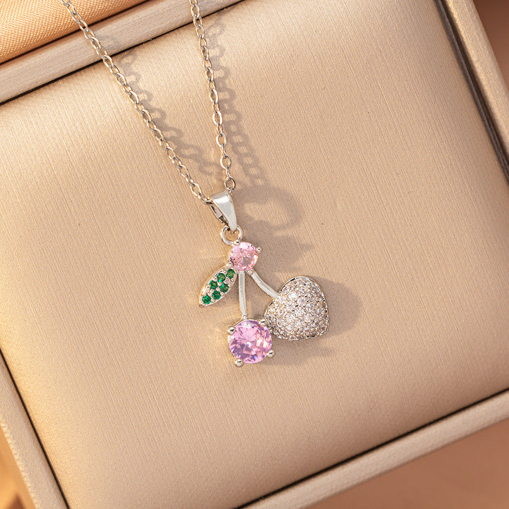 [set] sweet copper inlaid with zirconium and full diamond cherry necklace for women, earrings, versatile and elegant, high-end clavicle chain jewelry