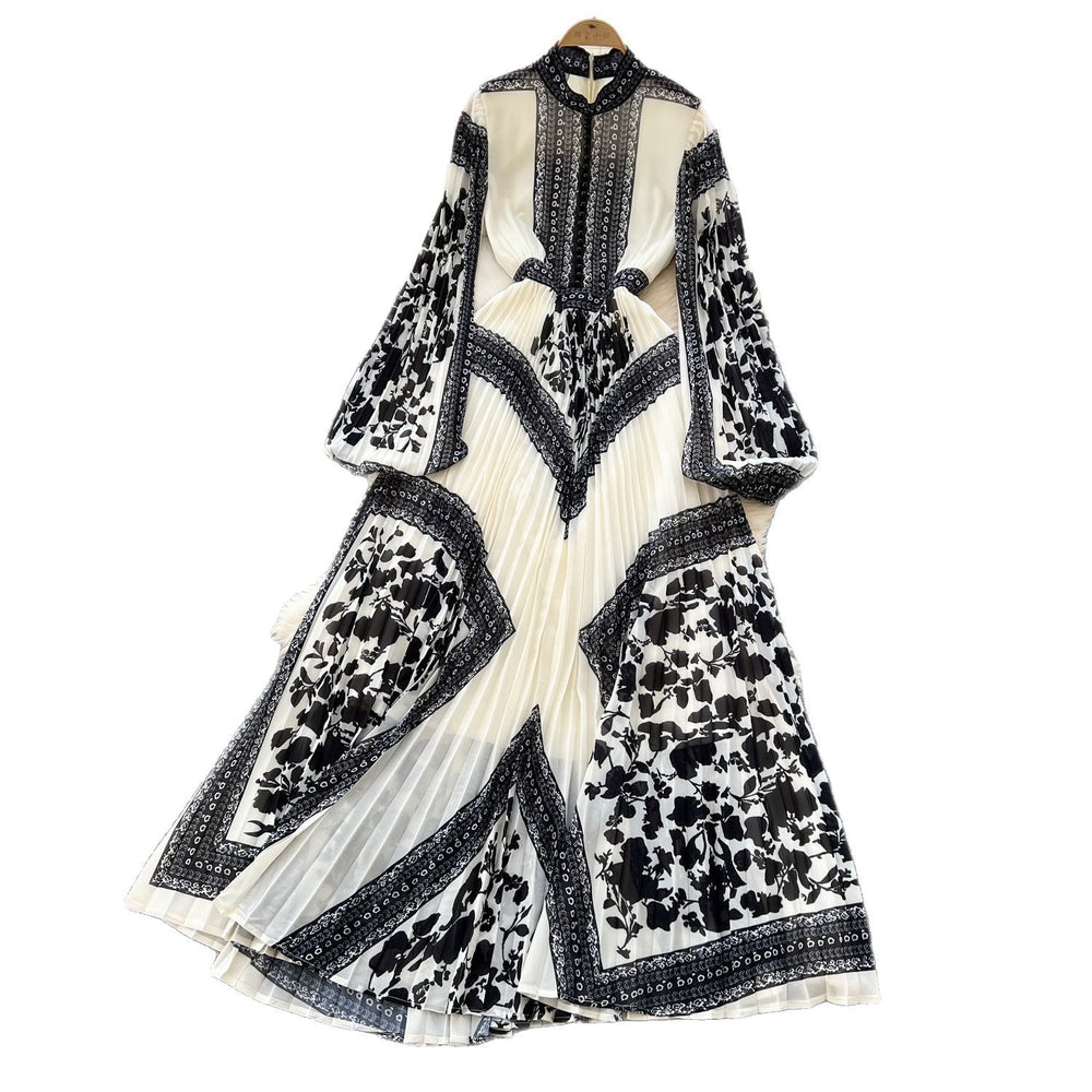 Miuccia prada-inspired pleated dress - women's spring  collection: high-end european & american style, high-waisted, slimming, printed, pleated maxi dress