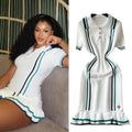 Xiaoxiangfengknittingdress women's new arrivalfrenchretro lapelcontrast color waist slimming lookrufflessweater skirt