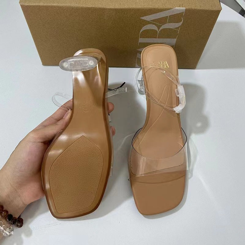 Spain 2024 summer new arrival: versatile french-style open-toe rhinestone stiletto transparent sandals & slippers for women