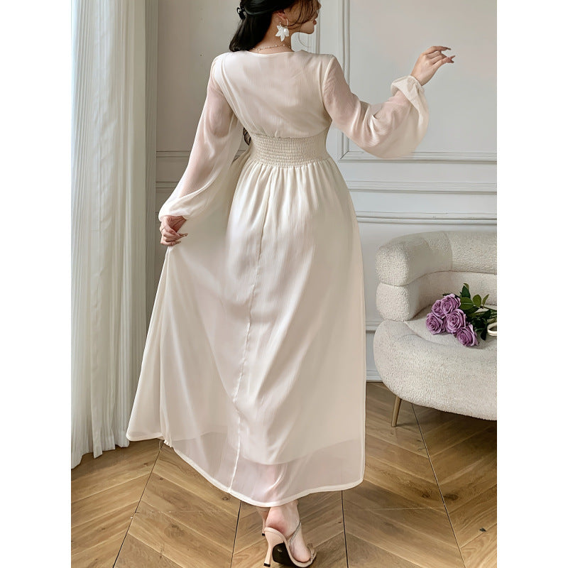 Women's spring/summer fashionable and elegant solid color v-neck tie-waist long sleeve a-line maxi party dress