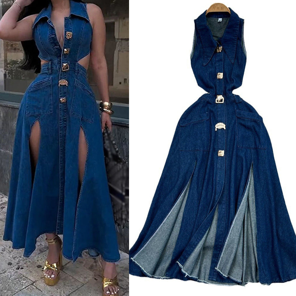 Retro lapel cut out waist exposed waist slimming look sleeveless single breasted a-line slit denim dress casual long skirt