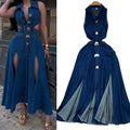 Retro lapel cut out waist exposed waist slimming look sleeveless single breasted a-line slit denim dress casual long skirt