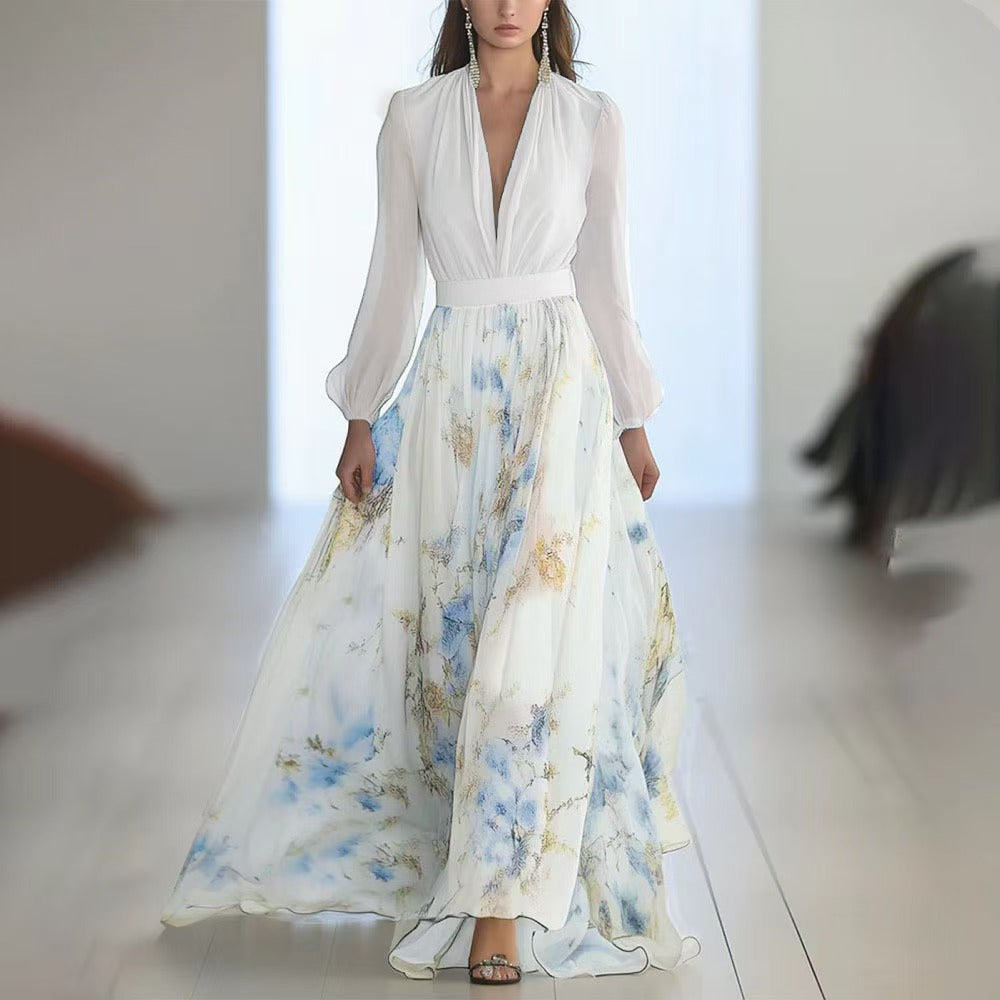 european and american style women's  independent store digital print long sleeve v-neck patchwork maxi dress